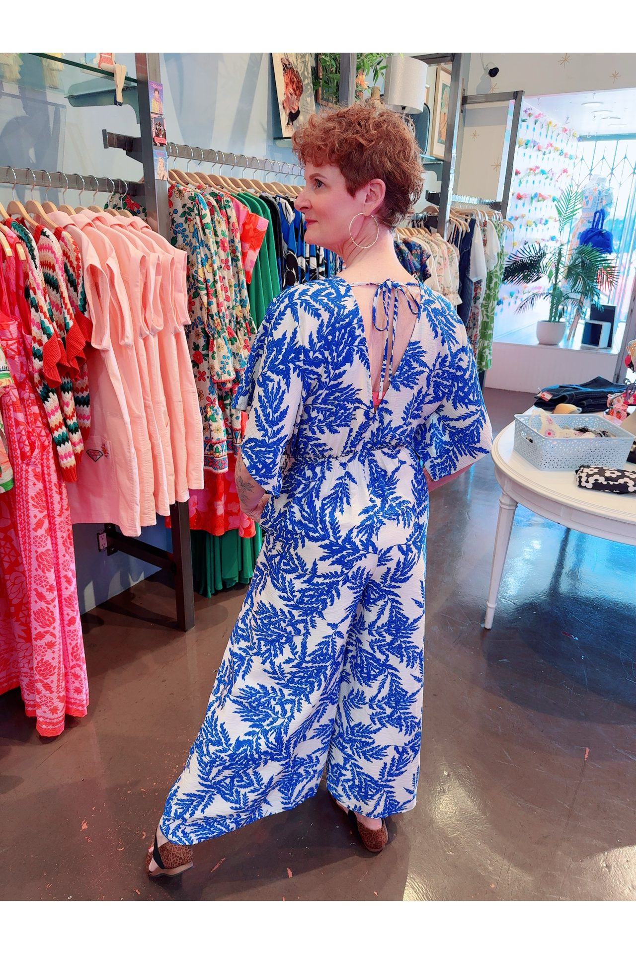 Deep In Thought White & Blue Kimono Sleeve Jumpsuit
