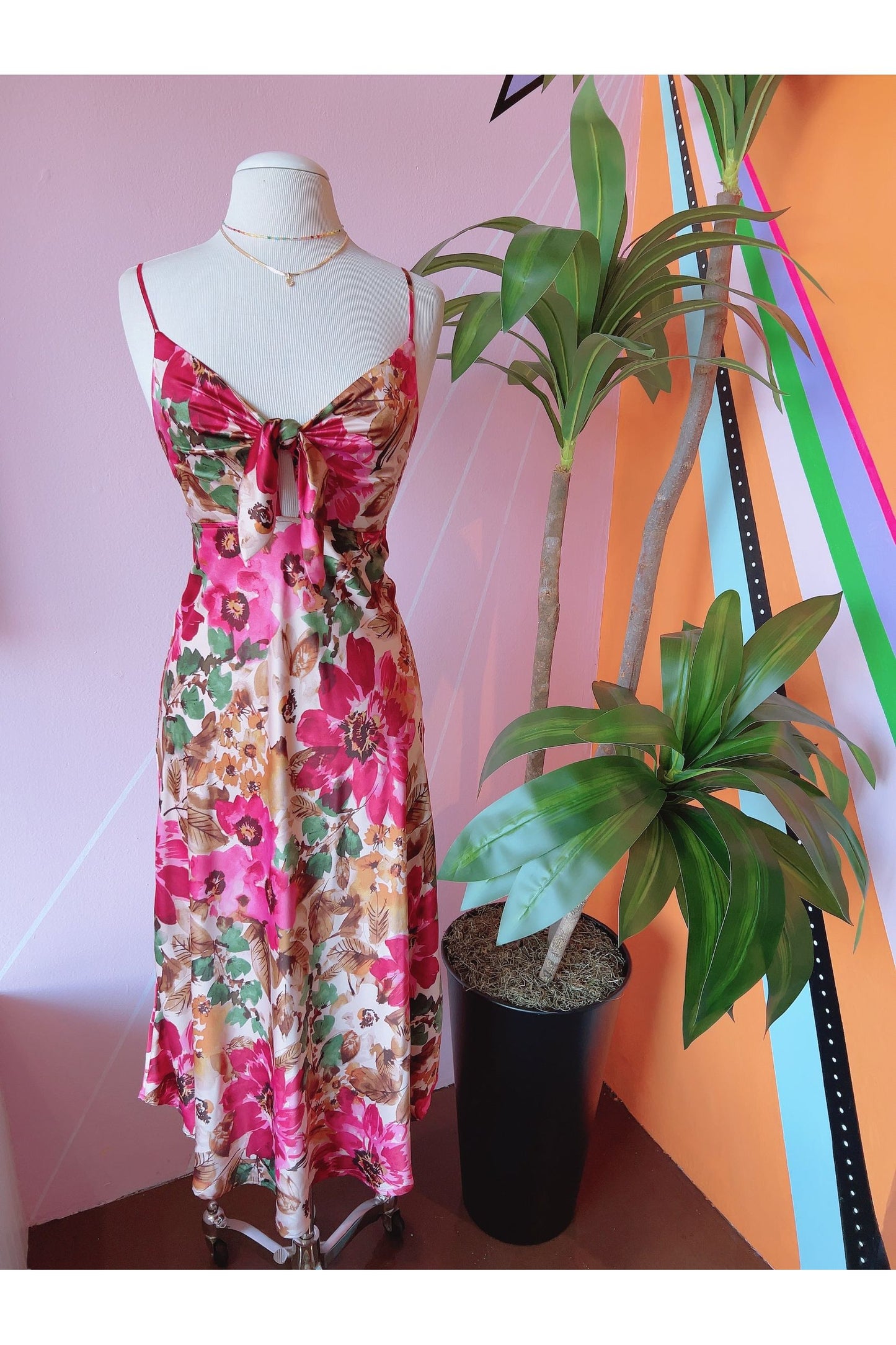 Vibrant Blush Floral Print Tie Bust Midi Dress