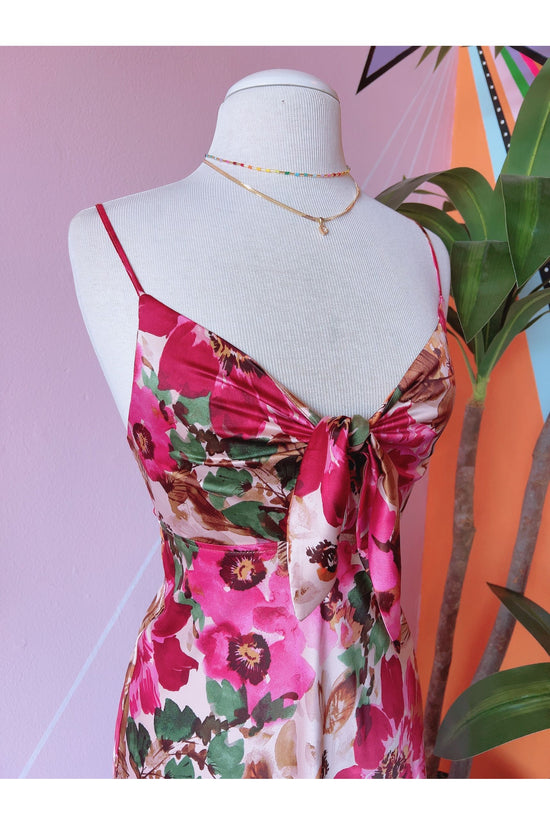 Vibrant Blush Floral Print Tie Bust Midi Dress