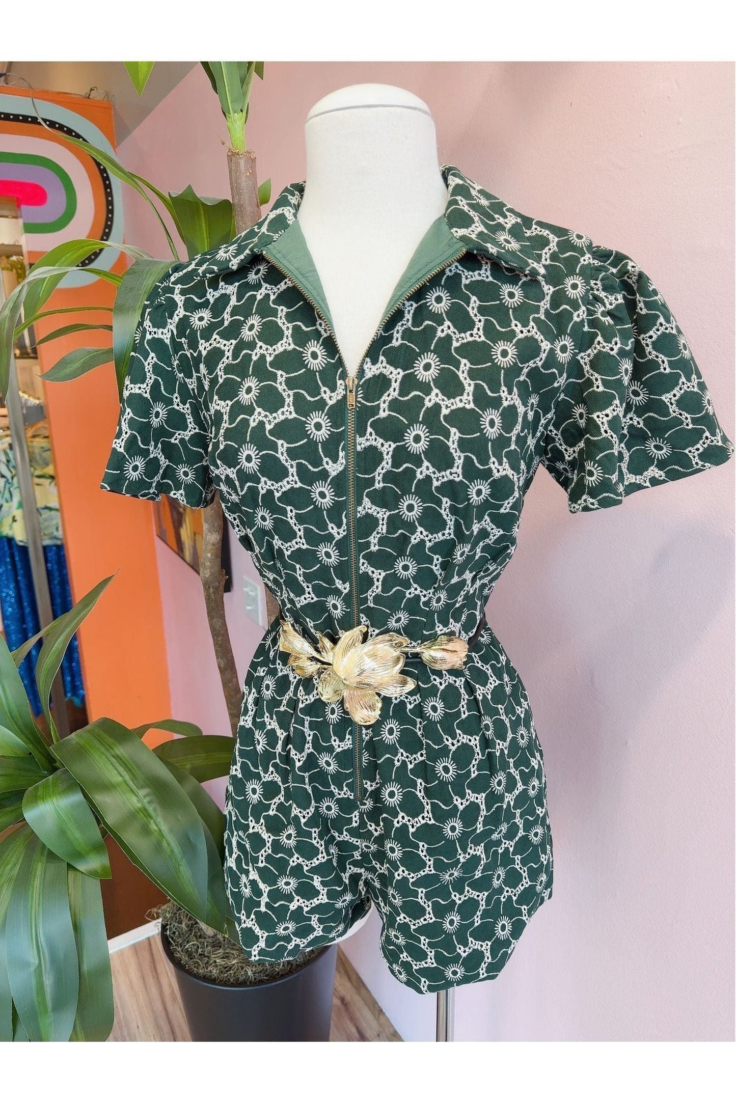 Pleated Twill Forest Green Romper