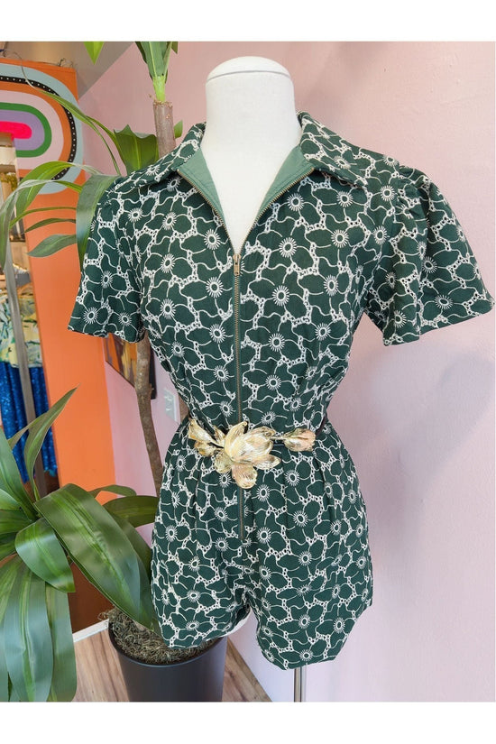 Pleated Twill Forest Green Romper