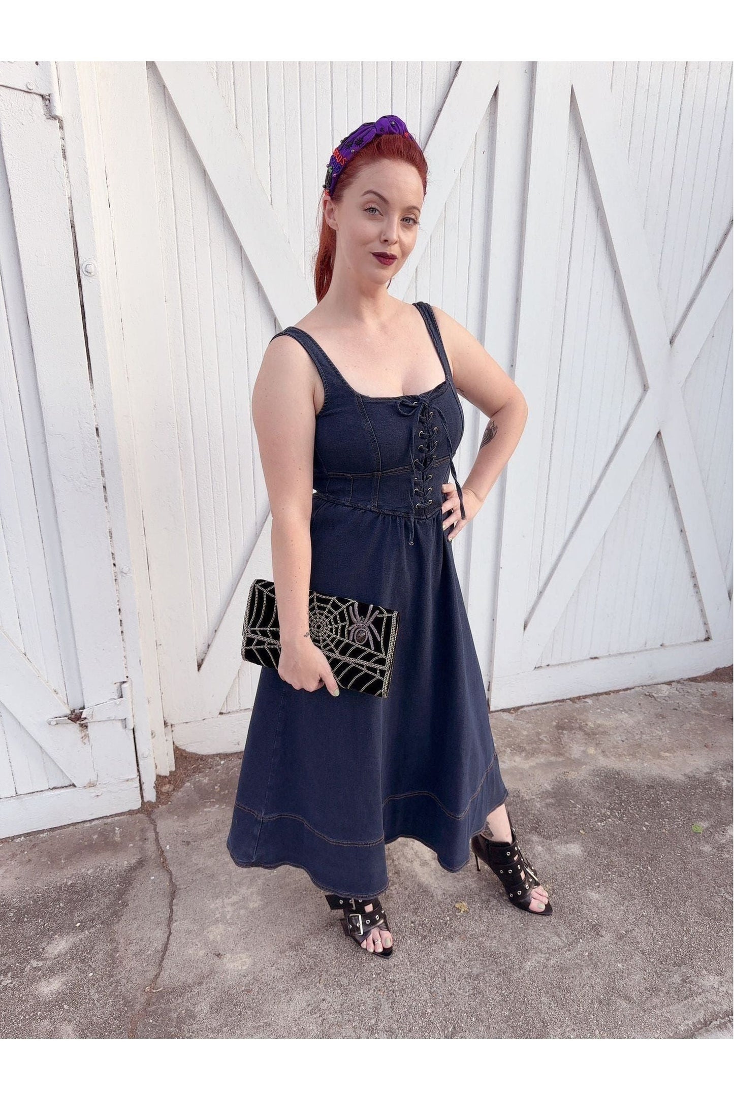 Denim Lace-Up Front Sleeveless Midi Dress