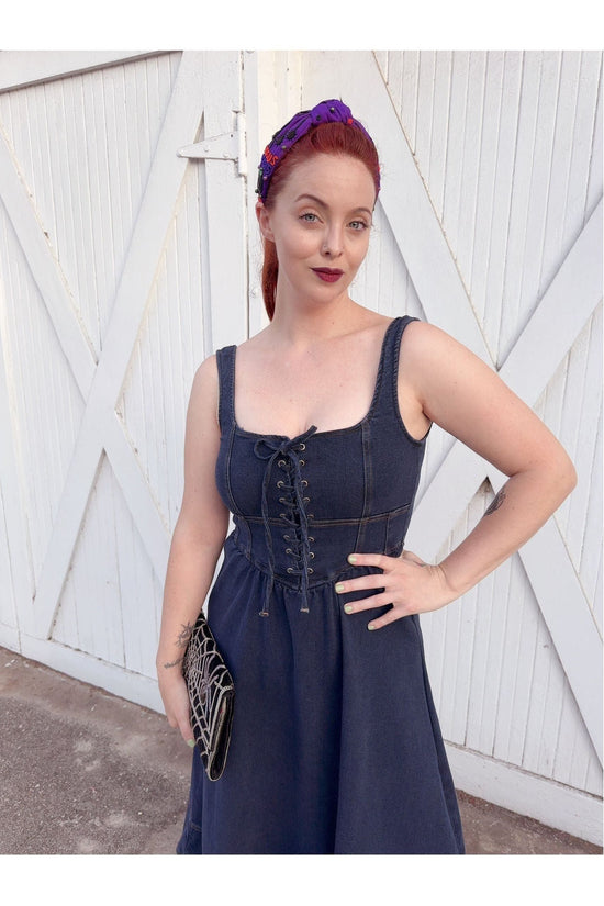 Denim Lace-Up Front Sleeveless Midi Dress