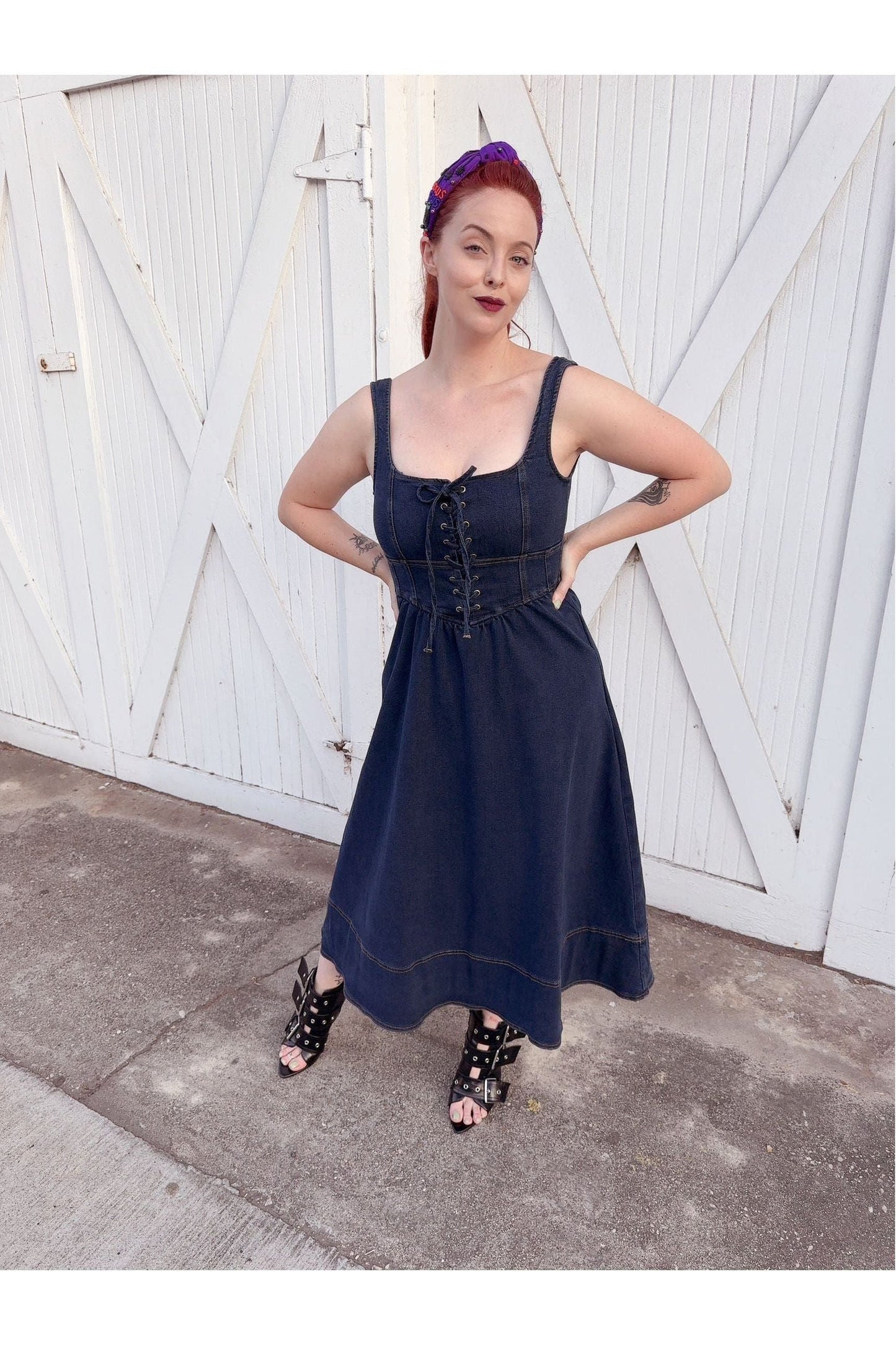 Denim Lace-Up Front Sleeveless Midi Dress