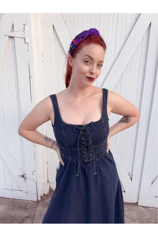 Denim Lace-Up Front Sleeveless Midi Dress