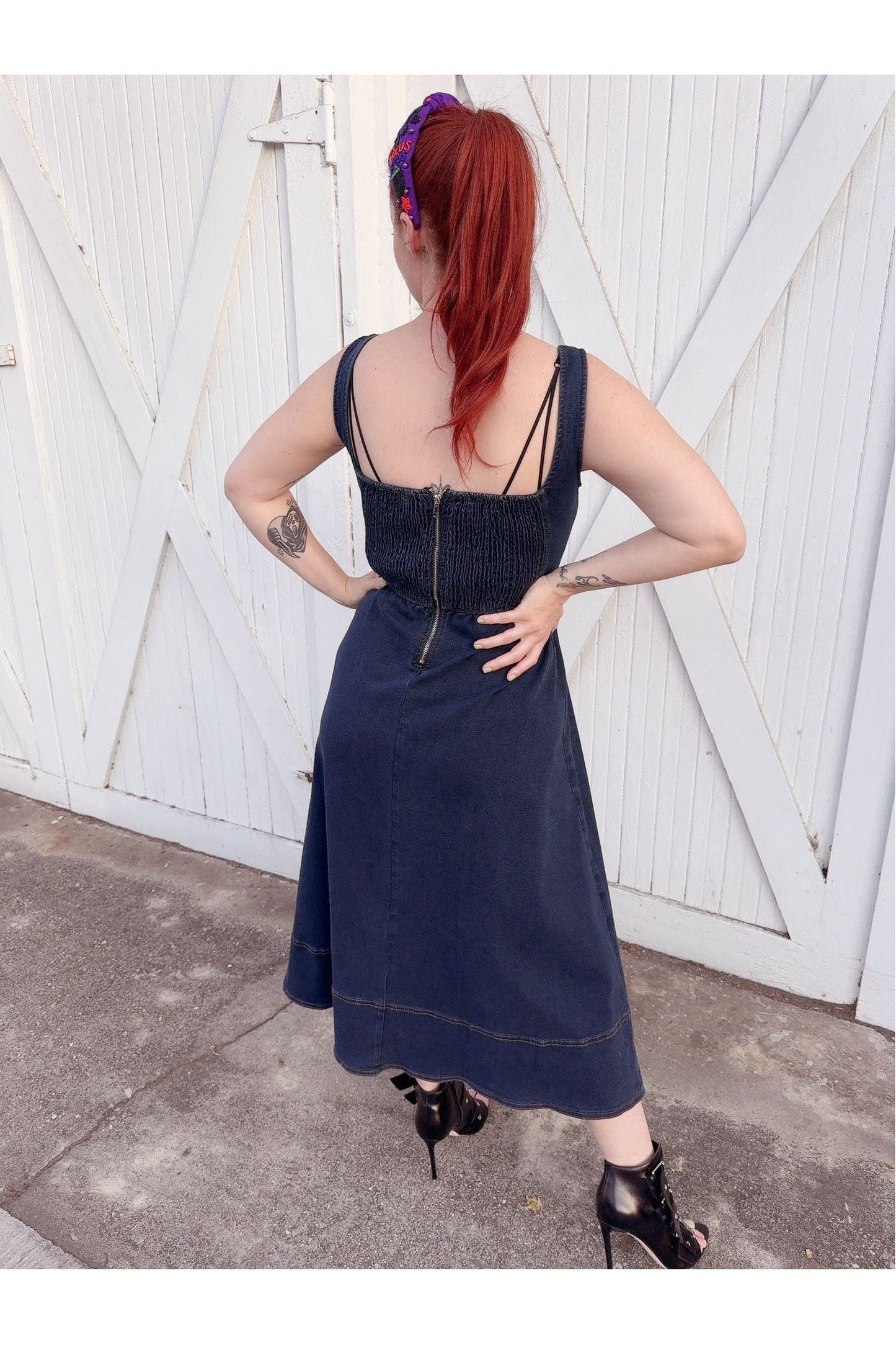 Denim Lace-Up Front Sleeveless Midi Dress