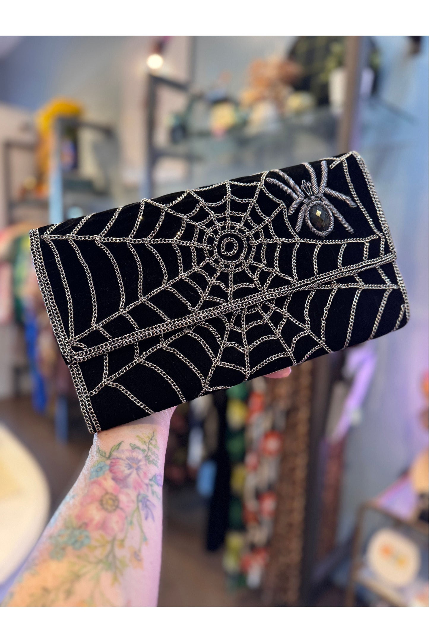 Spider Web Embroidered Black Velvet Clutch