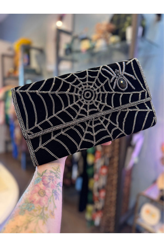 Spider Web Embroidered Black Velvet Clutch
