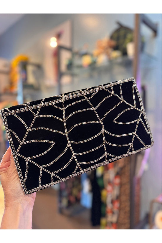 Spider Web Embroidered Black Velvet Clutch