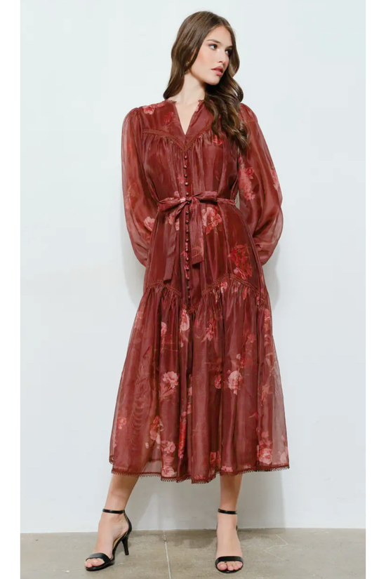 Autumn Floral Organza Overlay Belted Midi Dress