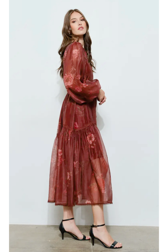 Autumn Floral Organza Overlay Belted Midi Dress