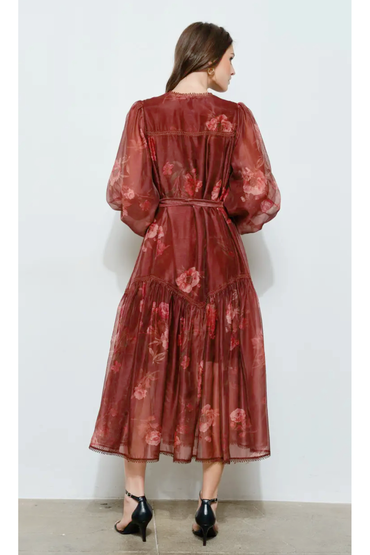 Autumn Floral Organza Overlay Belted Midi Dress