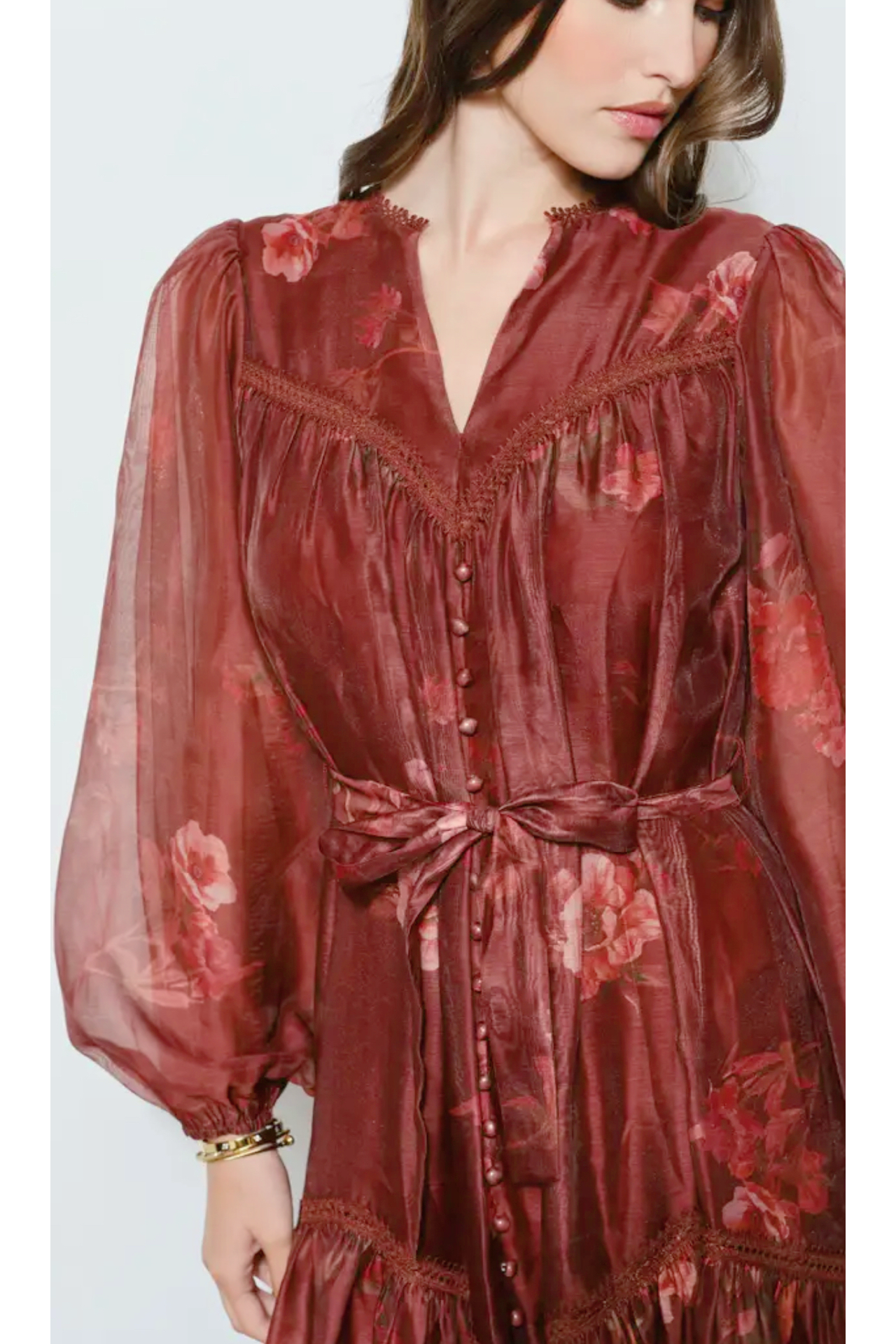 Autumn Floral Organza Overlay Belted Midi Dress