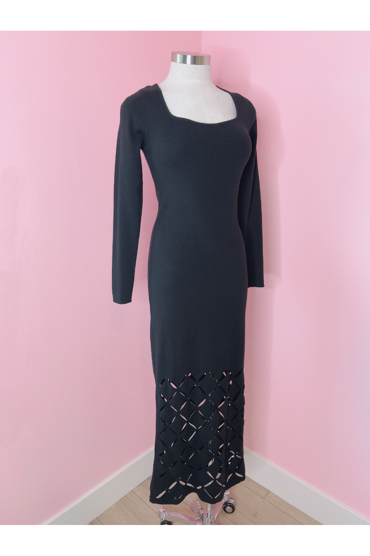 A Cut Above Diamond Cut Out Black Sweater Maxi Dress