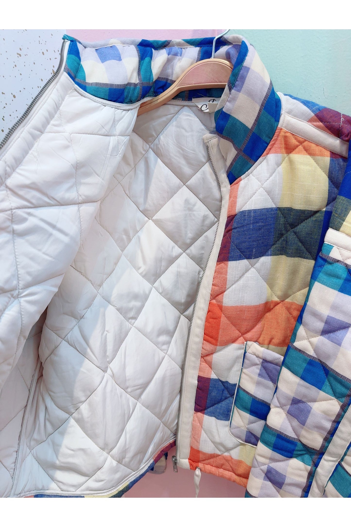 Multi-Color Plaid Quilted Puffer Zipper Jacket