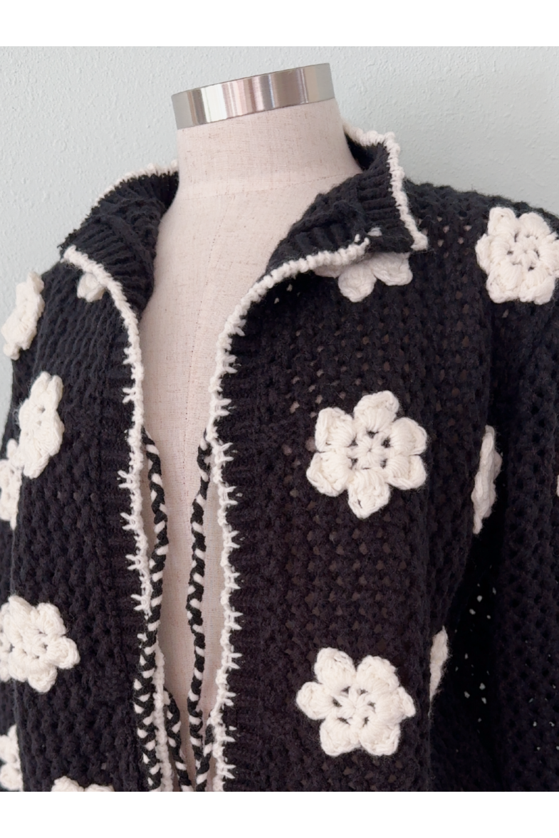 Handmade Crochet Knit Cardigan with Flowers