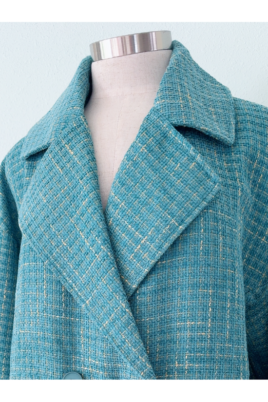 Turquoise Tweed Double Breasted Oversized Coat