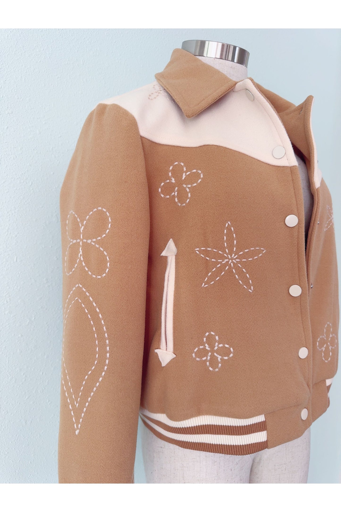 Floral Embroidered Camel Varsity Jacket