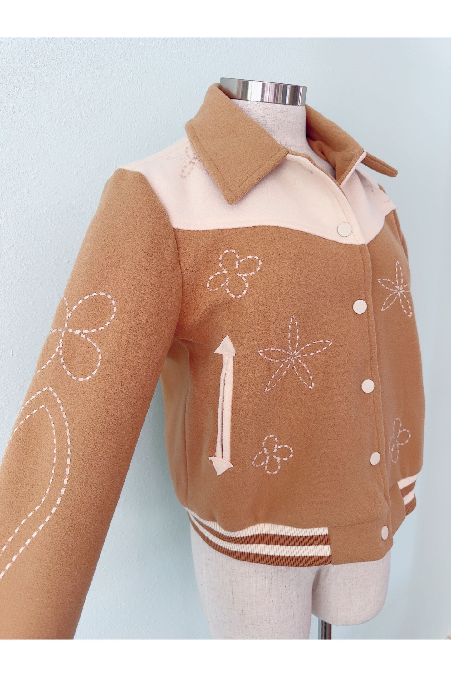 Floral Embroidered Camel Varsity Jacket