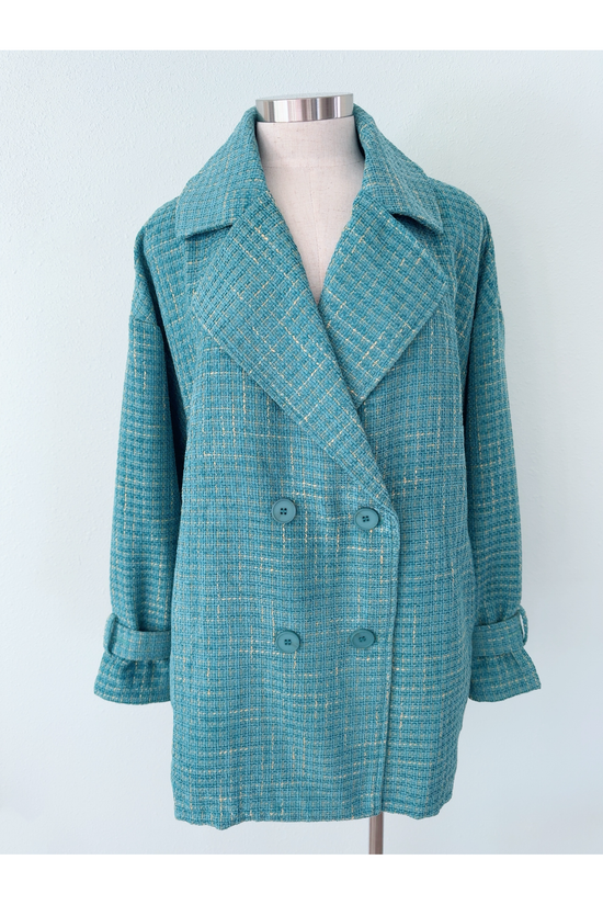 Turquoise Tweed Double Breasted Oversized Coat