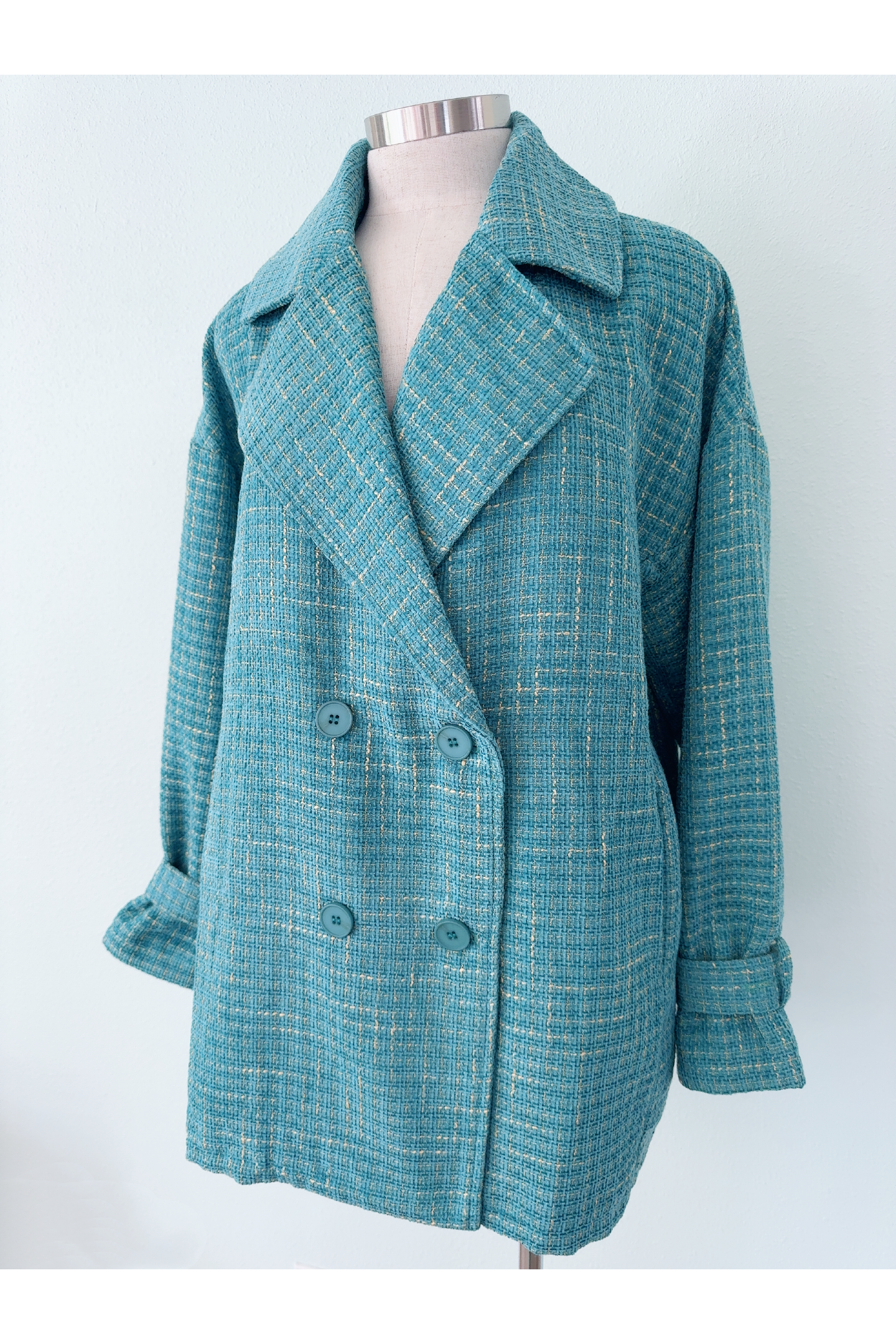 Turquoise Tweed Double Breasted Oversized Coat