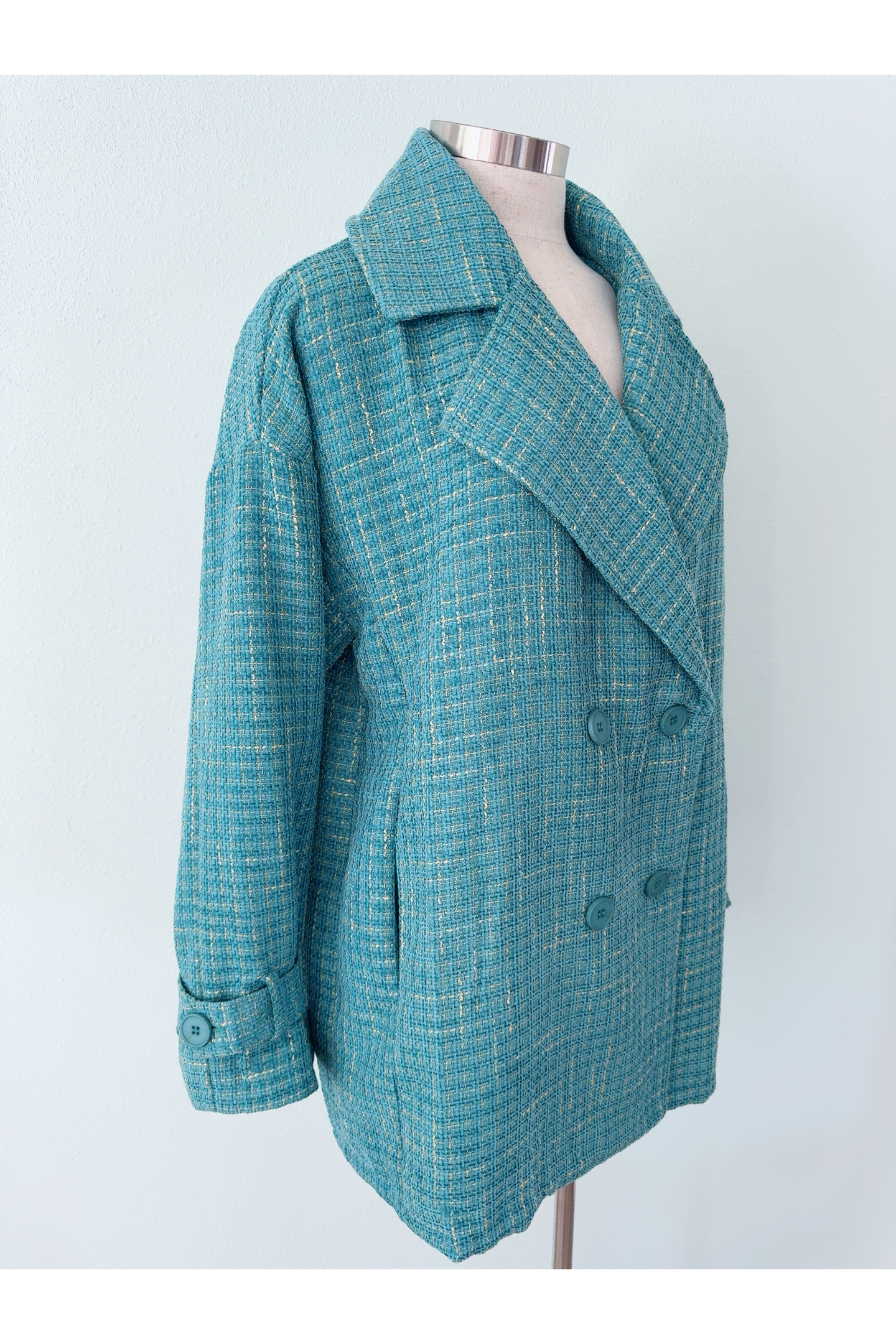 Turquoise Tweed Double Breasted Oversized Coat