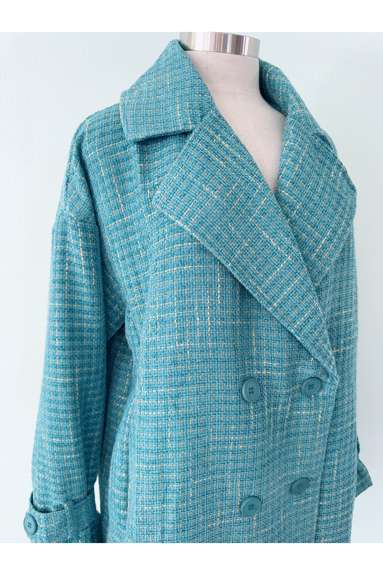 Turquoise Tweed Double Breasted Oversized Coat