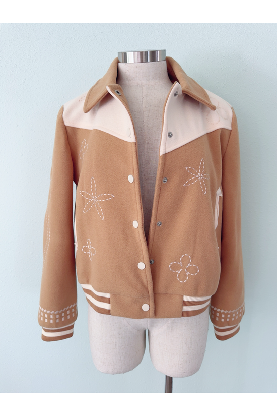 Floral Embroidered Camel Varsity Jacket