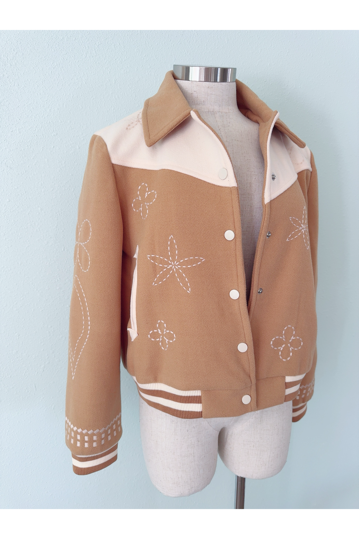 Floral Embroidered Camel Varsity Jacket