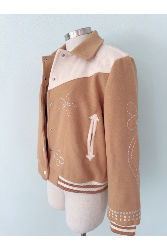 Floral Embroidered Camel Varsity Jacket