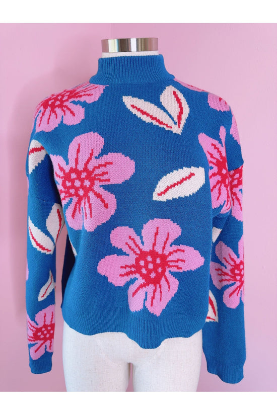 Picture Perfect Blue and Pink Floral Print Knit Pullover Sweater