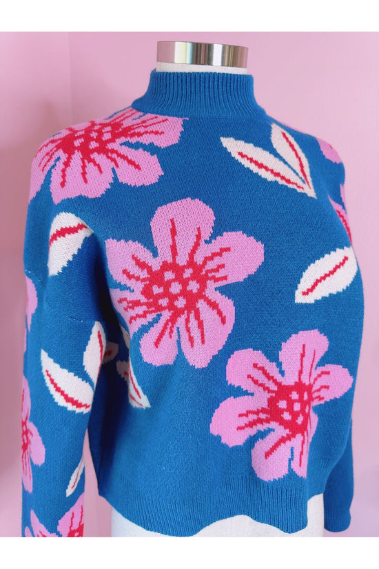 Picture Perfect Blue and Pink Floral Print Knit Pullover Sweater