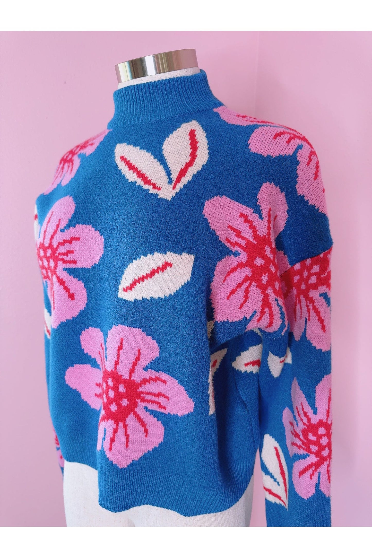 Picture Perfect Blue and Pink Floral Print Knit Pullover Sweater