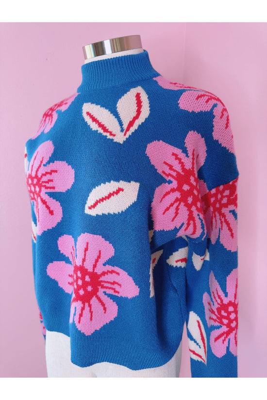 Picture Perfect Blue and Pink Floral Print Knit Pullover Sweater