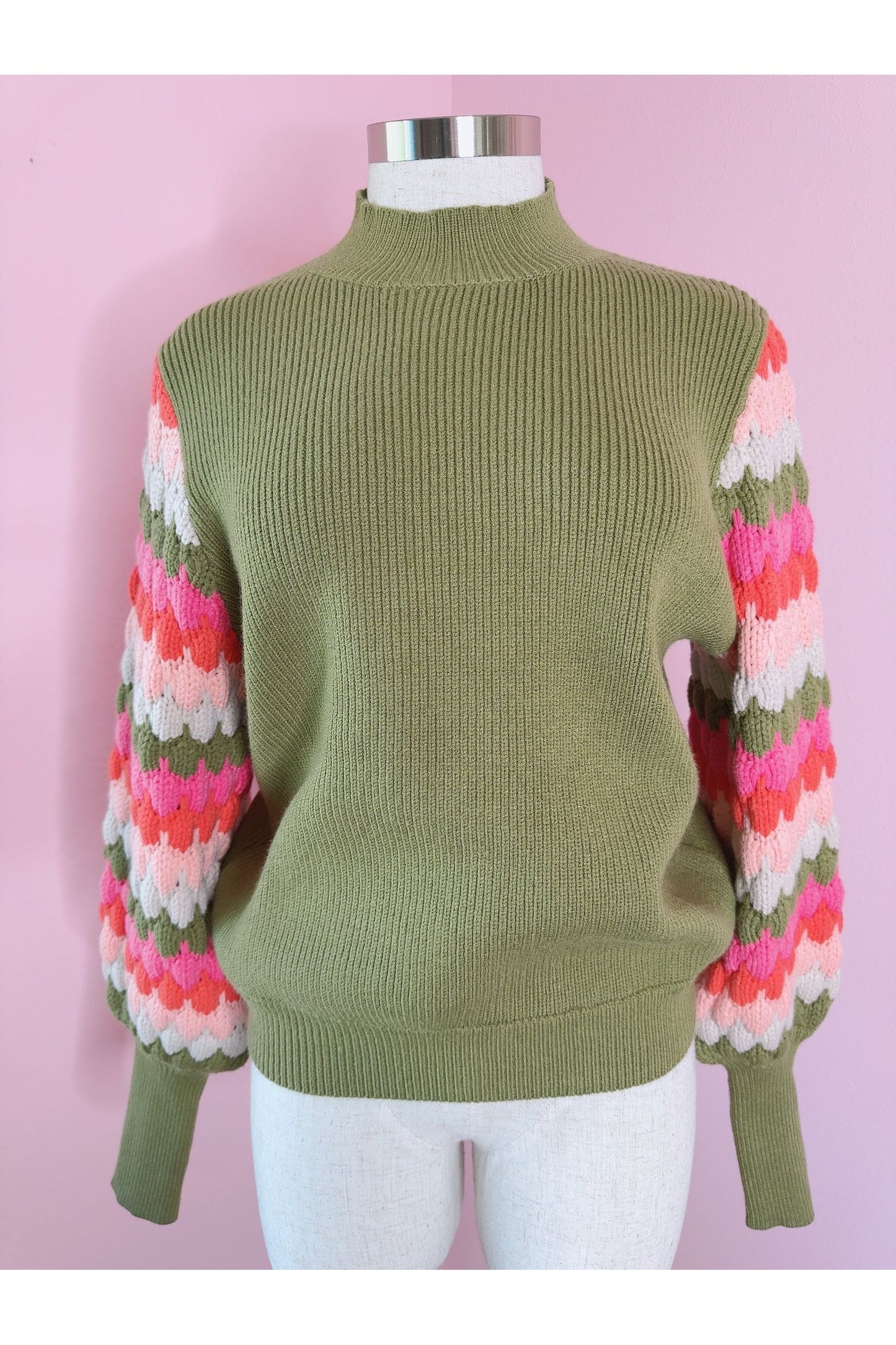 Blooming Groves Avocado Green and Pink Stripe Knit Pullover