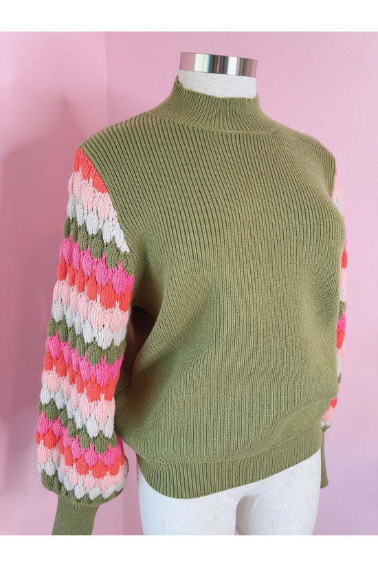 Blooming Groves Avocado Green and Pink Stripe Knit Pullover