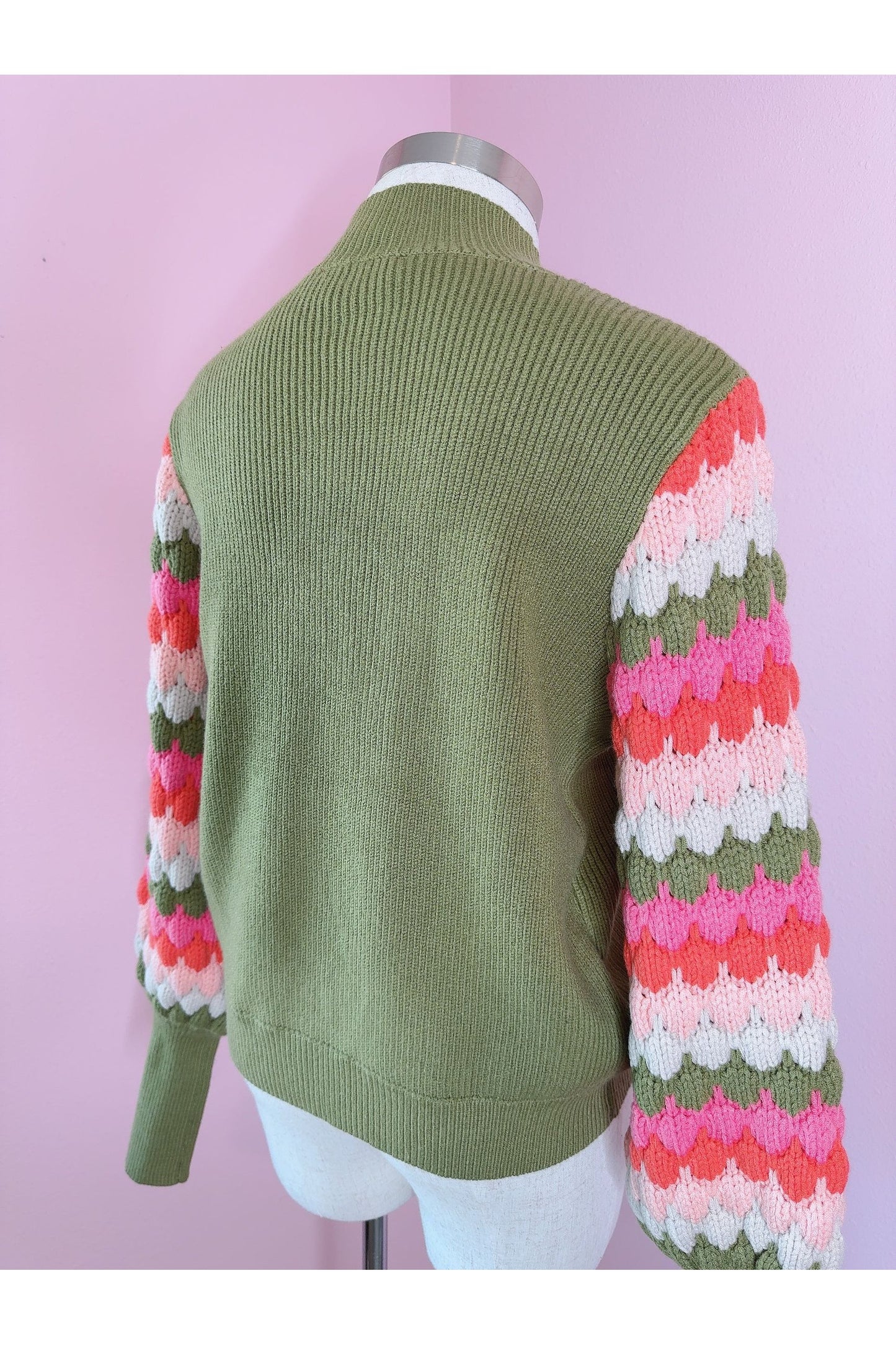 Blooming Groves Avocado Green and Pink Stripe Knit Pullover