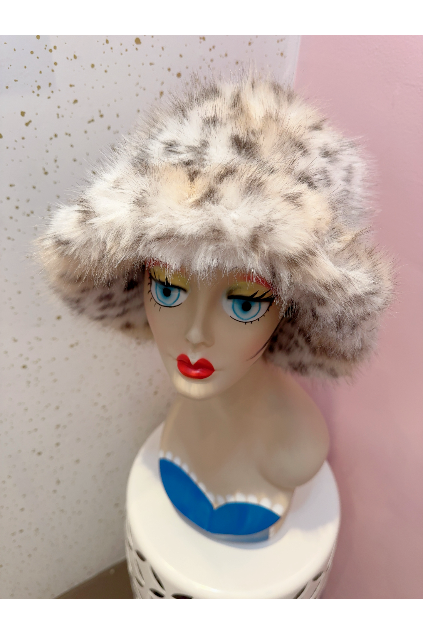 Snow Leopard Fluffy Faux Fur Bucket Hat