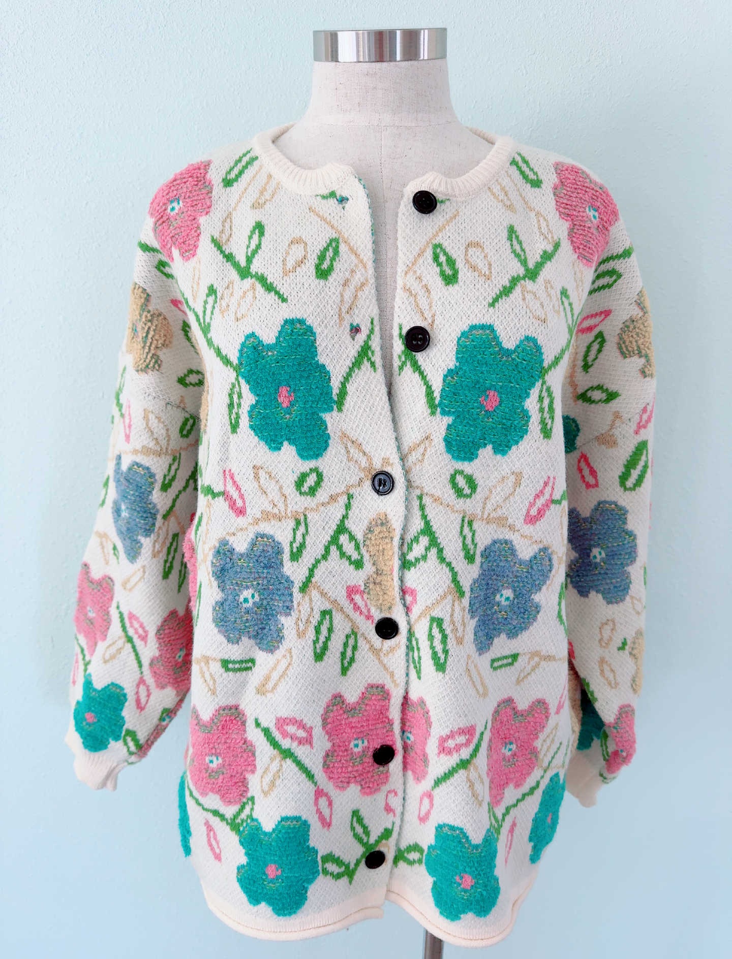 Multi Color Flower Jacquard Button Up Cardigan