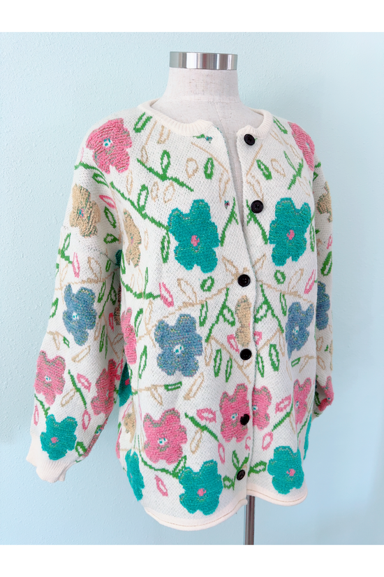 Multi Color Flower Jacquard Button Up Cardigan