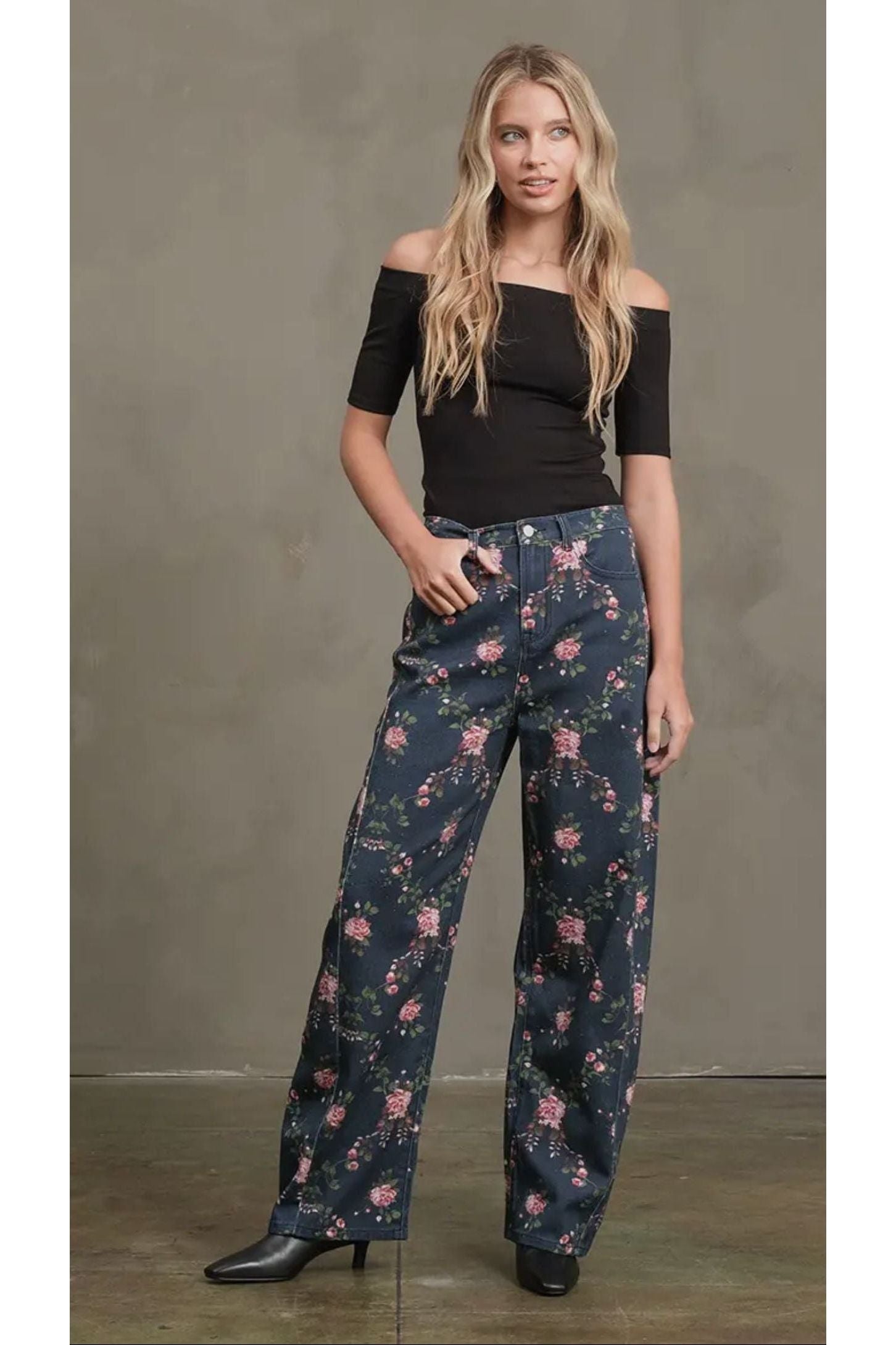 Vintage Floral Printed Barrel Leg Dark Denim Jeans