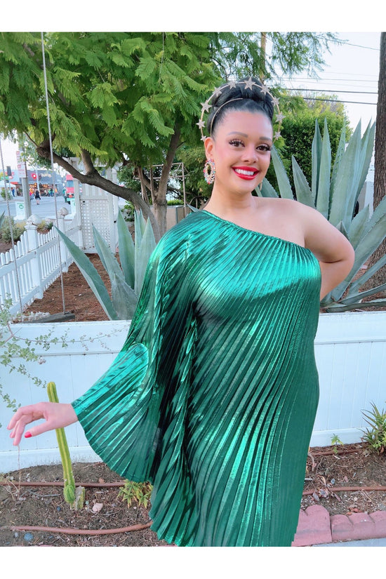 Load image into Gallery viewer, Vibrant Green Metallic One Shoulder Designer Dress
