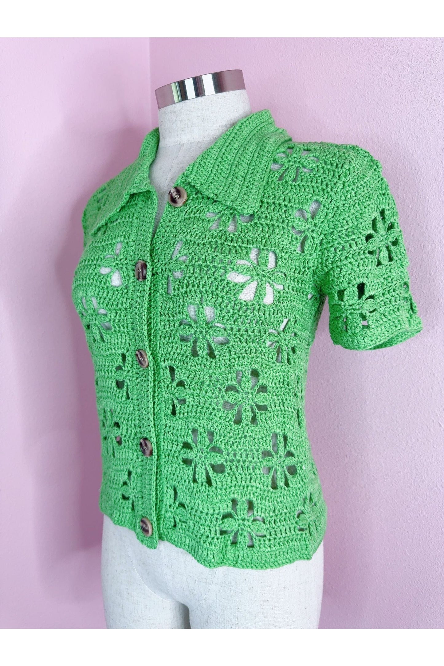 On The Green Crochet Button Up Collar Top