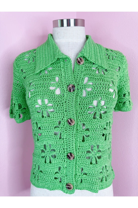 On The Green Crochet Button Up Collar Top