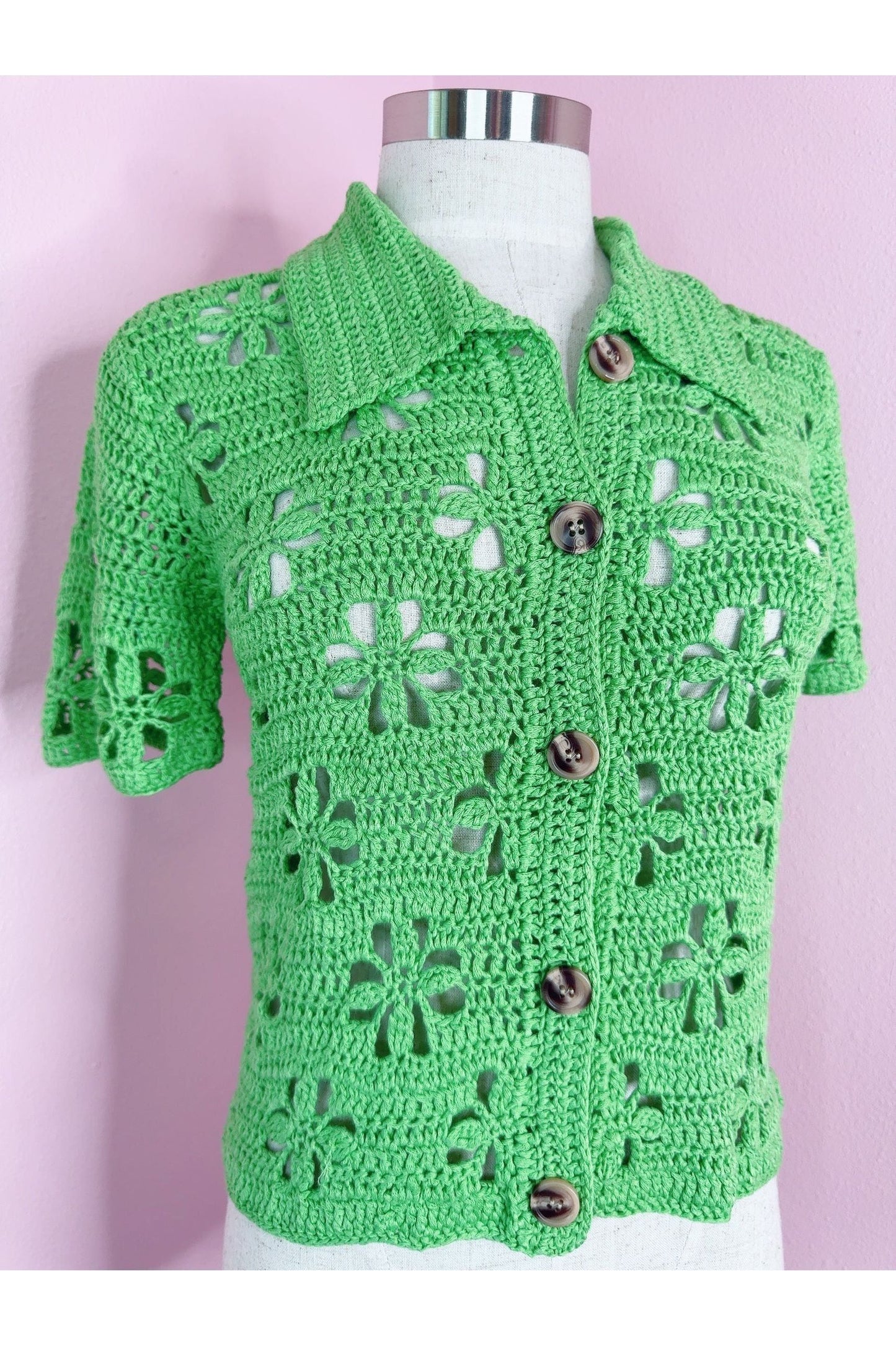 On The Green Crochet Button Up Collar Top