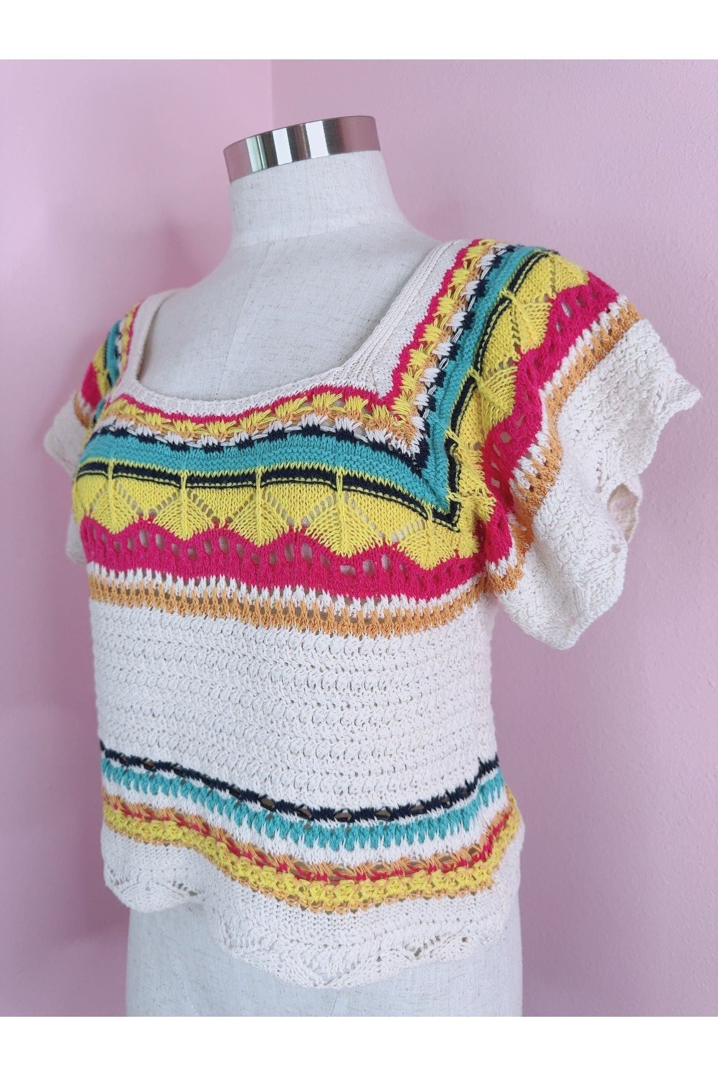 Butterfly Kisses Cream Crochet Multicolor Top