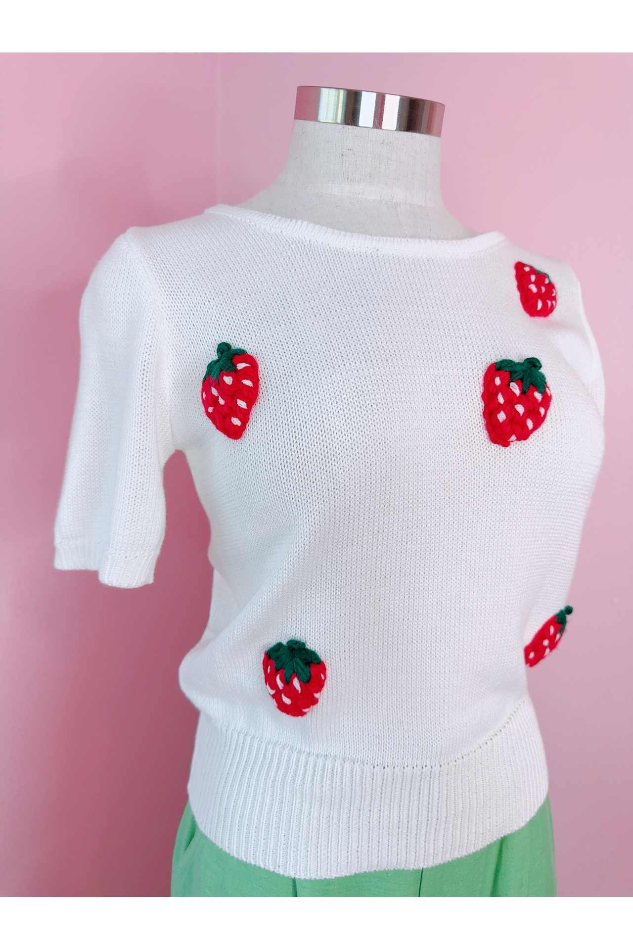 Berry Merry Short Sleeve Strawberry 3D Patch Knit Top