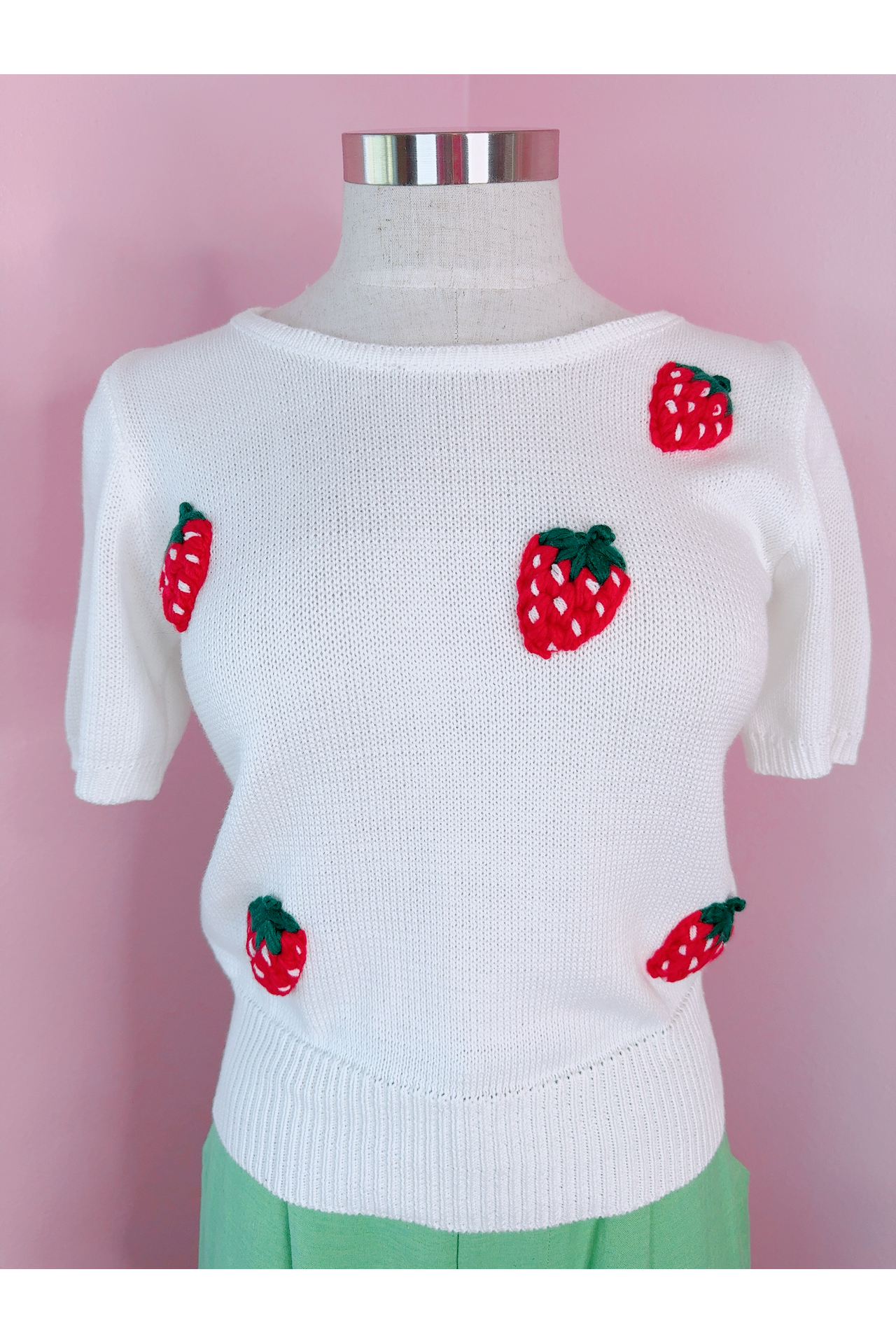 Berry Merry Short Sleeve Strawberry 3D Patch Knit Top