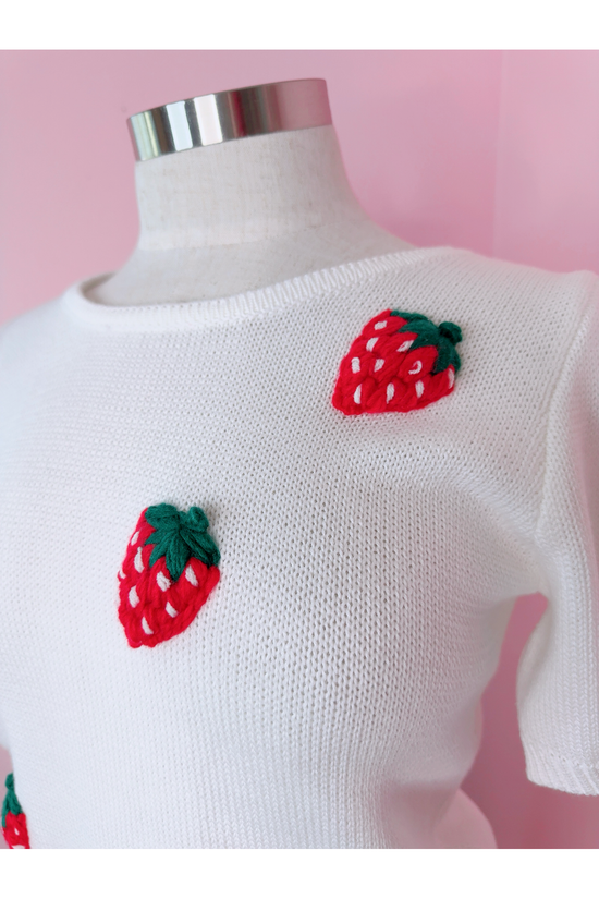 Berry Merry Short Sleeve Strawberry 3D Patch Knit Top