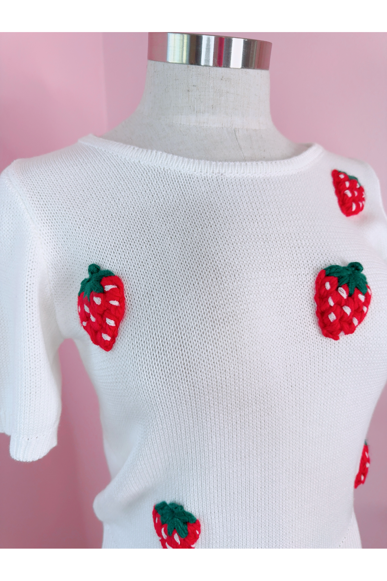 Berry Merry Short Sleeve Strawberry 3D Patch Knit Top